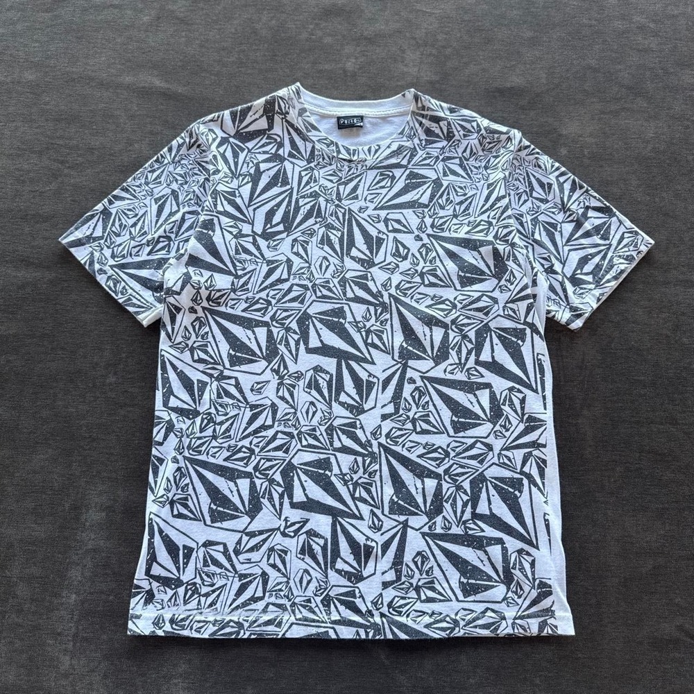 Volcom Vintage Y2K AOP Skate T-Shirt Mens Large White Black All Over Print Stone